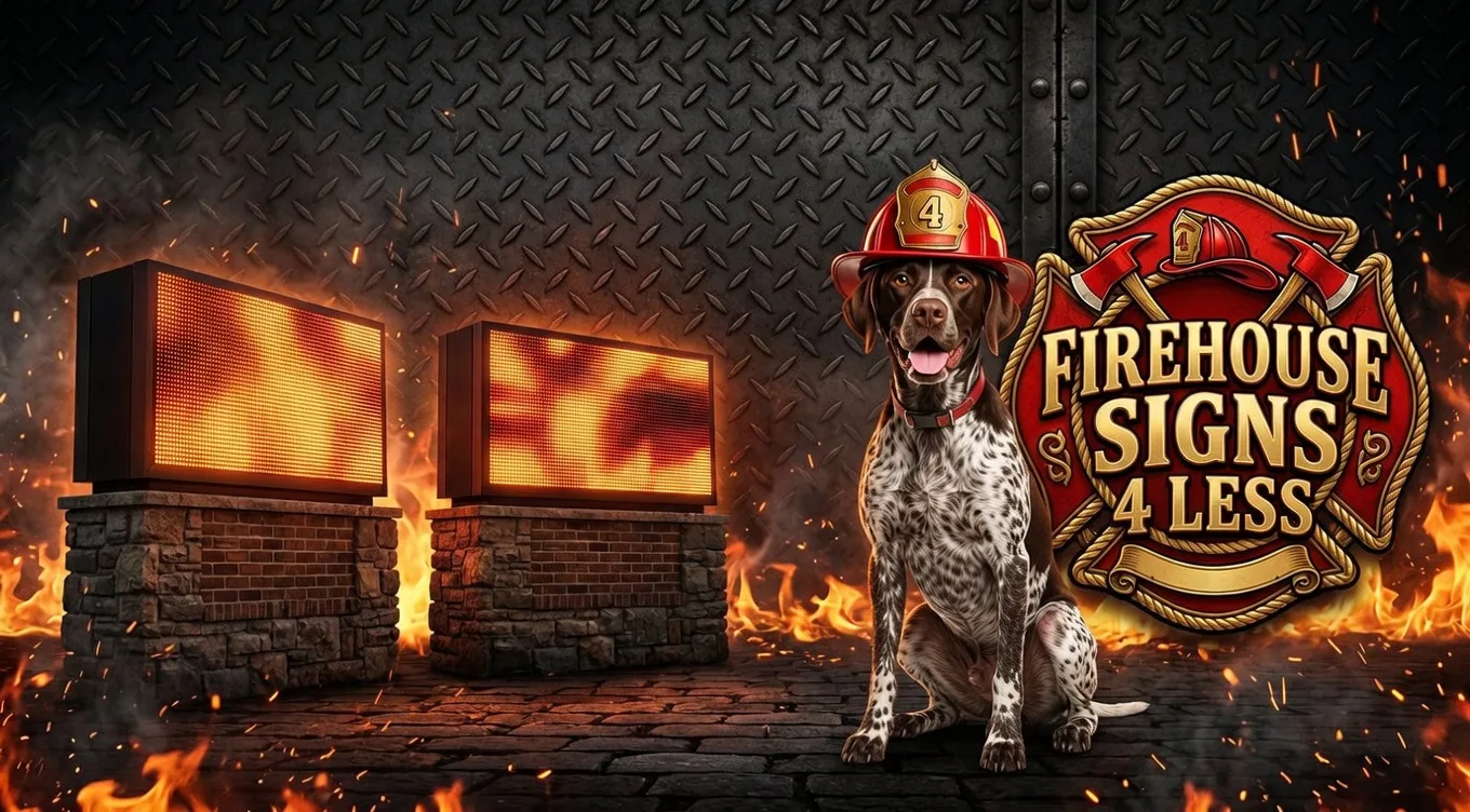 Glowing LED digital monument sign with firefighter emblem against diamond-plate steel and flames